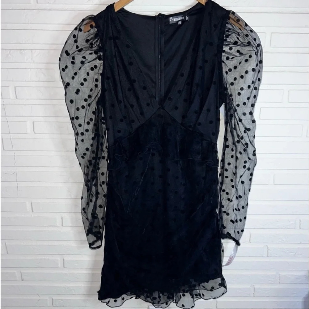 Missguided Black Dobby Milkmaid Vneck Polka Dot Frill Mini Dress,Women’s Size 10 - Picture 7 of 9